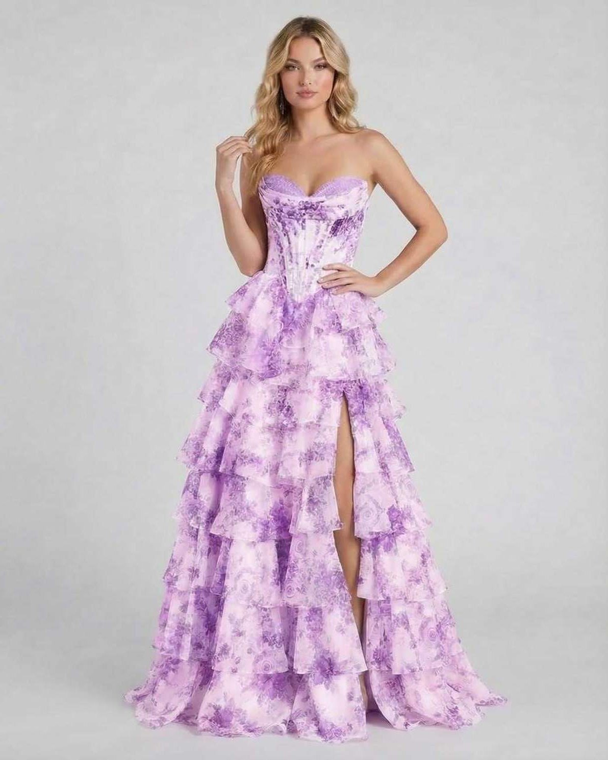 Violetta Maxi Dress by Lauven - Elegant purple floral tiered chiffon gown with structured corset and high slit.