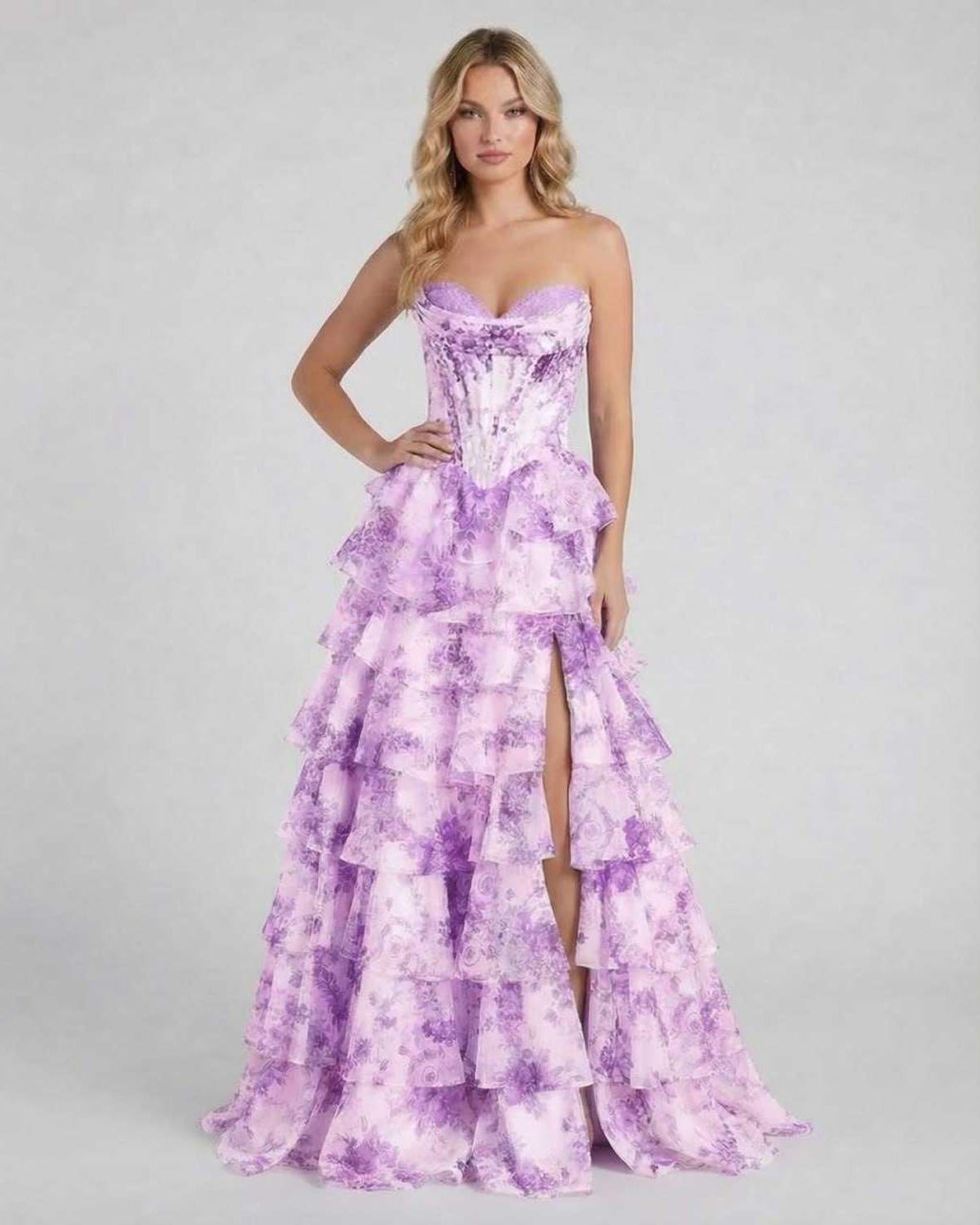 Violetta Maxi Dress by Lauven – Elegant purple floral tiered chiffon gown with ruffles and high slit.