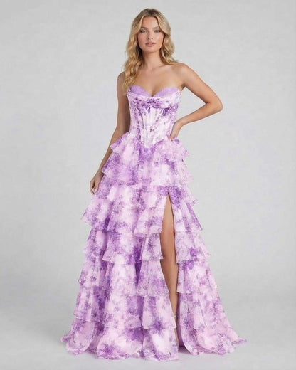 Violetta Maxi Dress by Lauven - Elegant purple floral tiered chiffon gown with structured bodice and high slit.