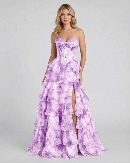Violetta Maxi Dress by Lauven - Elegant purple floral tiered chiffon gown with a high slit and structured corset bodice.