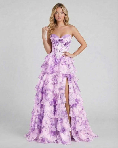 Violetta Maxi Dress by Lauven - elegant purple floral tiered chiffon gown with high slit and ruffles.