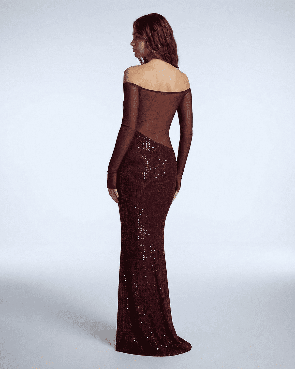 Virella Maxi Dress by Lauven showcasing a stunning deep red sequined evening gown from the back.