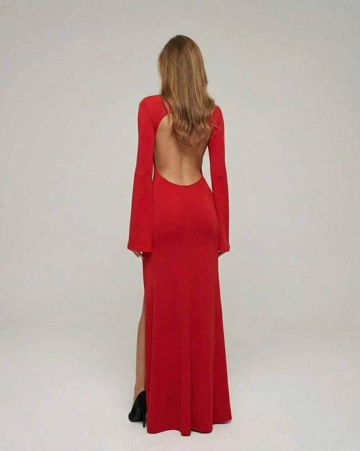 Virella Maxi Dress by Lauven - Red slim fit pencil silhouette with flare sleeves and a backless design.