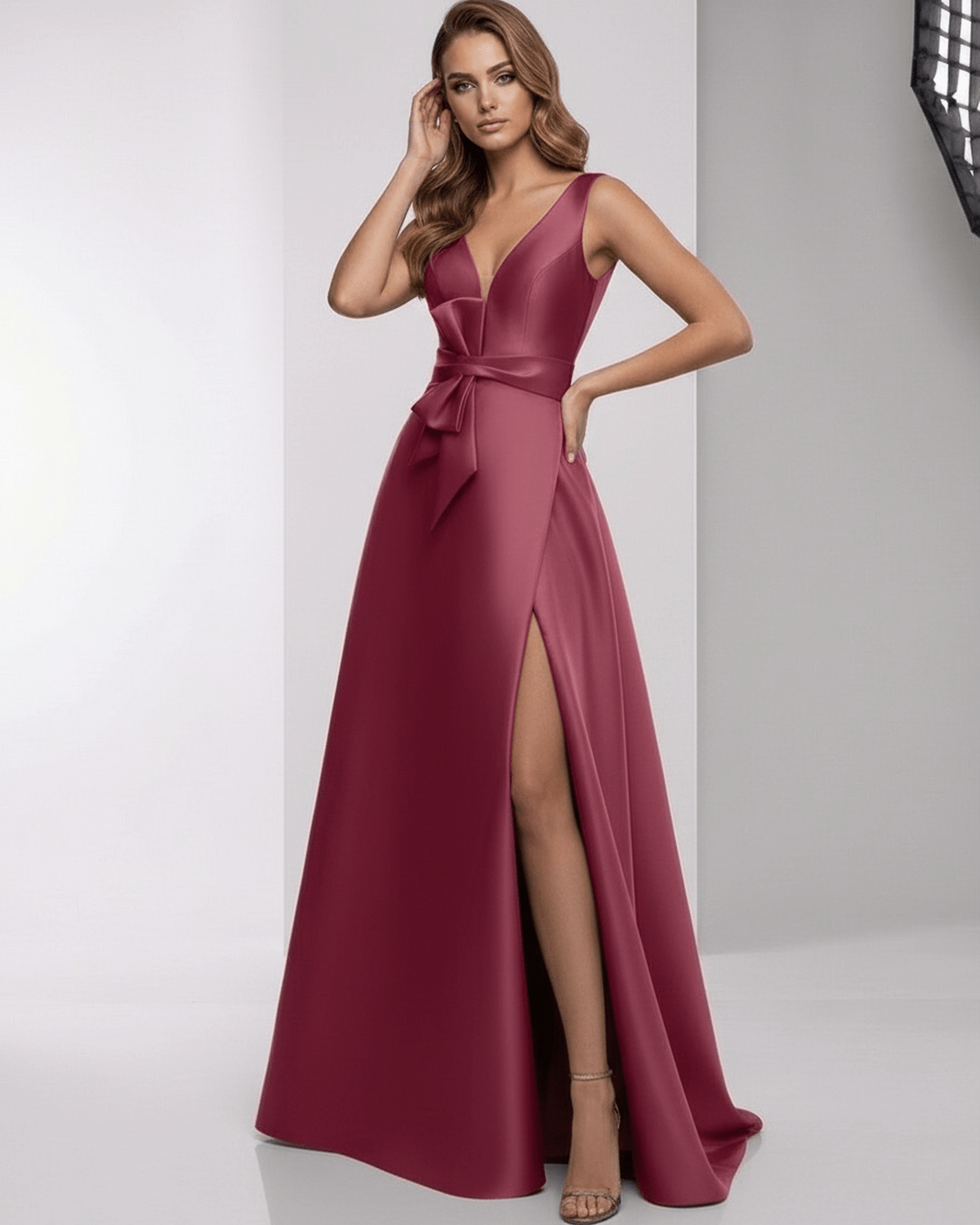 Virelle Maxi Dress – satin A-line evening dress with wrap slit in deep red, by Lauven, elegant and modern.