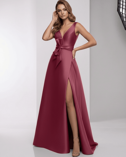 Virelle Maxi Dress – satin A-line evening dress with wrap slit in deep red, by Lauven, elegant and modern.