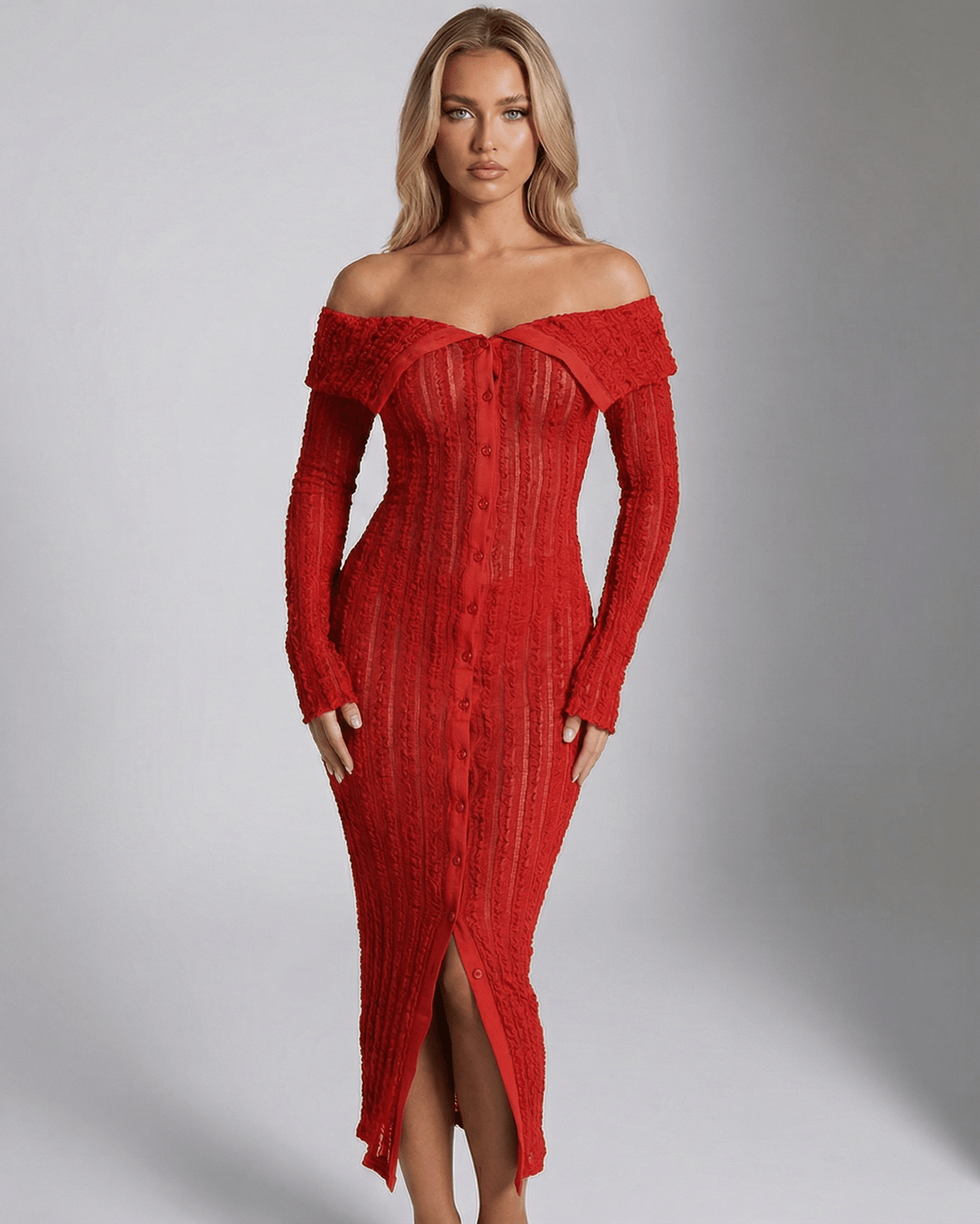 Virelle Midi Dress in red, off shoulder neckline, long sleeve bodycon fit, showcasing feminine curves by Lauven.