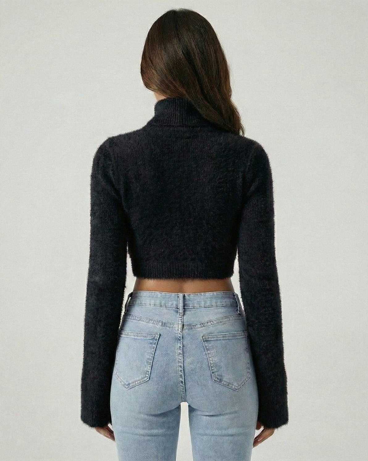 Monaco Pullover from Lauven, women's black high neck sweater with long sleeves and cropped design.