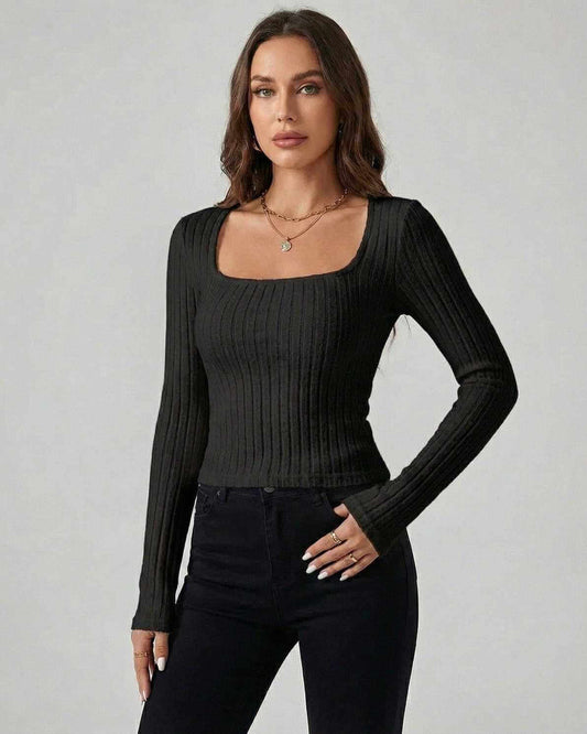 Noir Pullover by Lauven - Women's black ribbed knit pullover sweater with long sleeves and square neckline.
