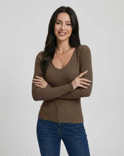 Espresso Pullover by Lauven, women's V-neck sweater in ribbed texture, featuring a slim fit and long sleeves.