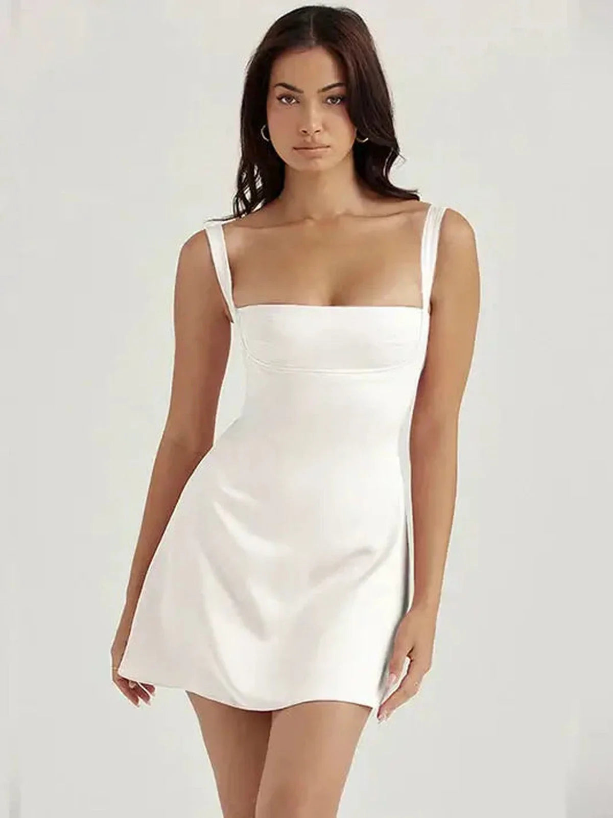 Yara Mini Dress in elegant satin finish, ideal for summer, weddings, and parties, flattering bodycon silhouette.