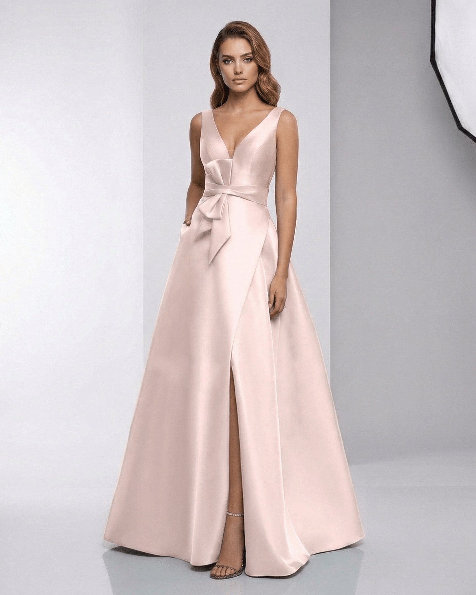 Zafira Maxi Dress - Blush Satin A-Line V-Neck Evening Dress by Lauven, showcasing modern elegance and fluid silhouette.