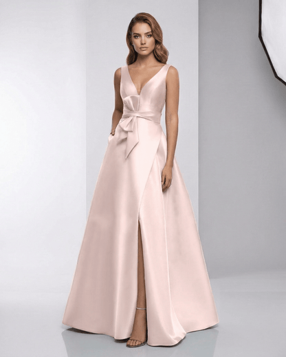 Zafira Maxi Dress - Blush Satin A-Line V-Neck Evening Dress by Lauven, showcasing modern elegance and fluid silhouette.