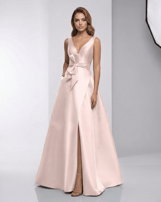 Zafira Maxi Dress - Blush Satin A-Line V-Neck Evening Dress by Lauven, showcasing modern elegance and fluid silhouette.