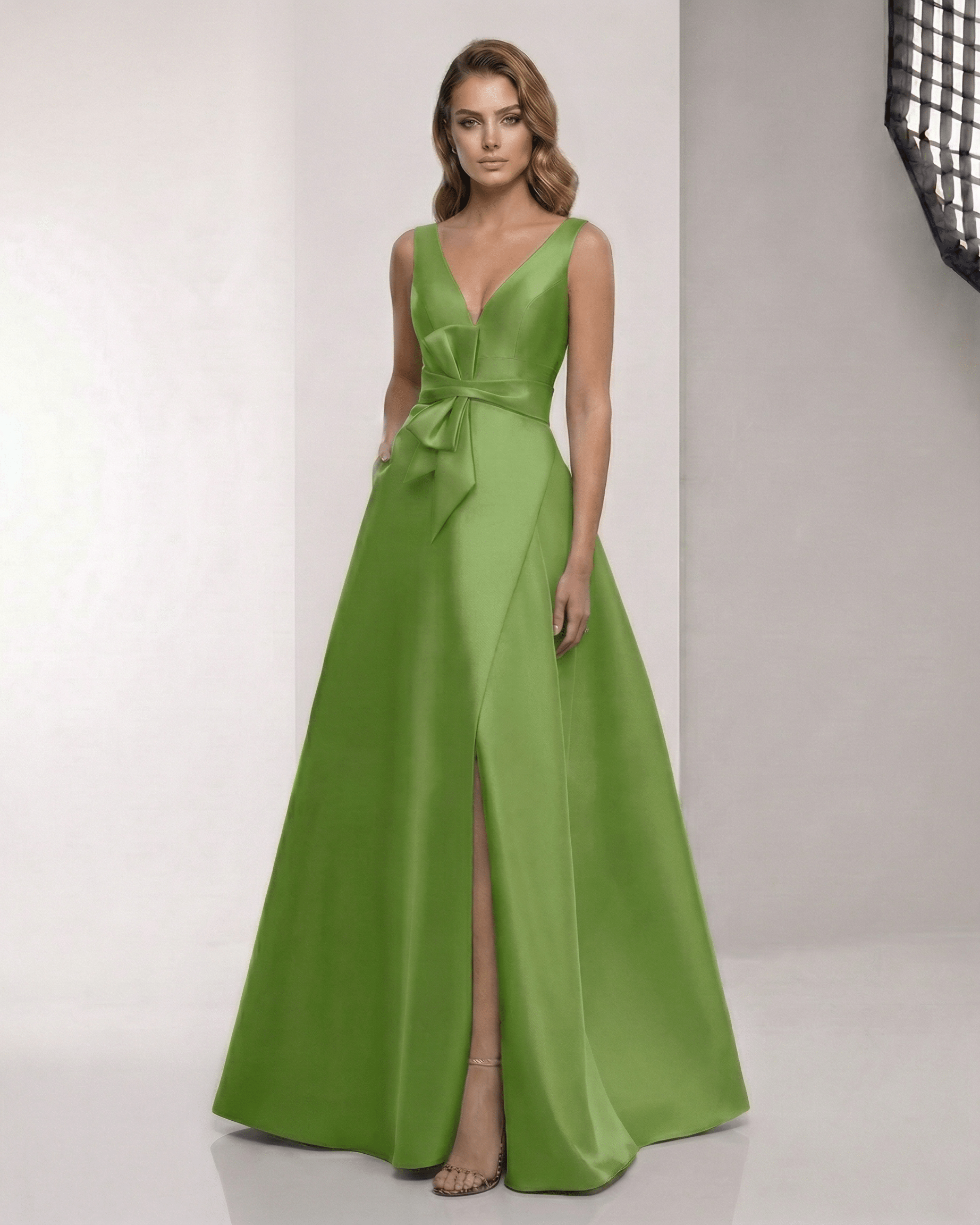 Zafira Maxi Dress - Green satin A-line maxi dress with wrap slit and bow waist from Lauven, perfect for elegant occasions.