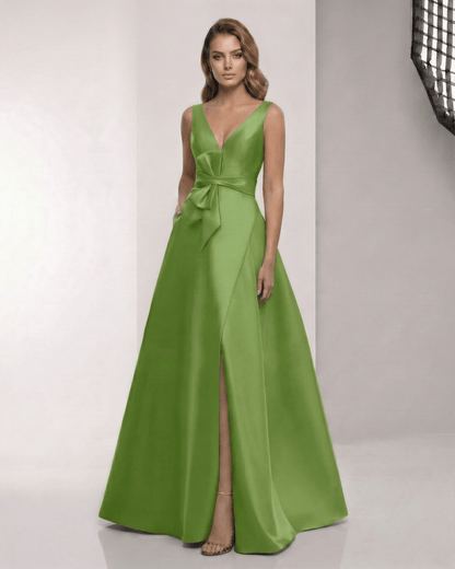Zafira Maxi Dress - Green satin A-line maxi dress with wrap slit and bow waist from Lauven, perfect for elegant occasions.