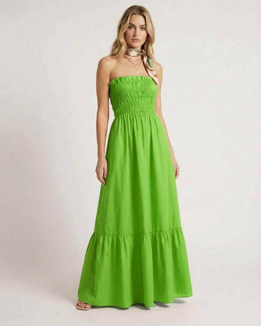 Zafira Maxi Dress – Green strapless dress with smocked bodice by Lauven, ideal for stylish summer outings.