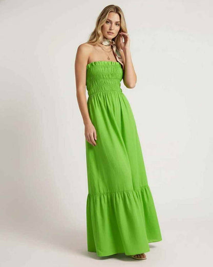 Zafira Maxi Dress – Green strapless maxi dress with smocked bodice by Lauven, featuring lightweight fabric and a flowing silhouette.