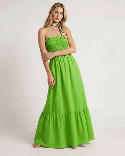Zafira Maxi Dress - Green Strapless Maxi Dress with Smocked Bodice by Lauven, perfect for a vibrant summer look.