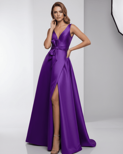 Zafira Maxi Dress by Lauven, purple satin A-line V-neck, elegant and flowing floor-length evening gown.