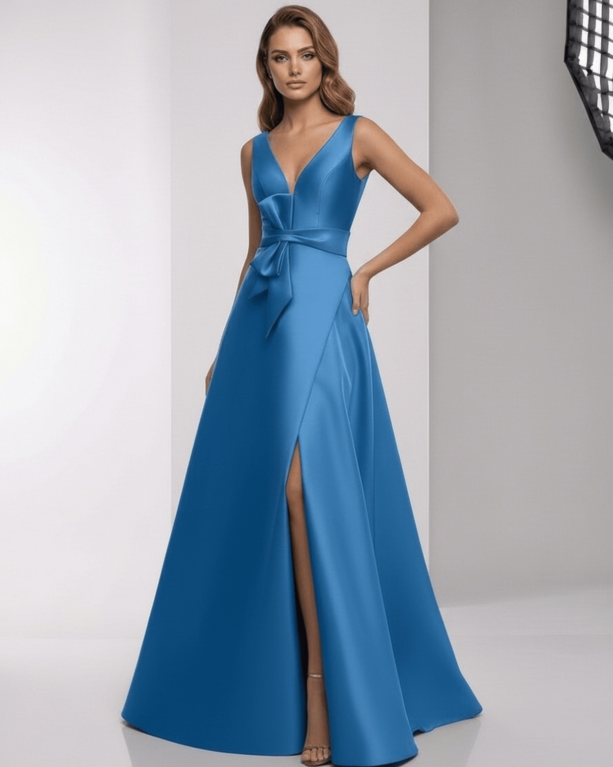 Zafloria Maxi Dress – Elegant blue satin A-line with V-neck and thigh-high slit by Lauven.