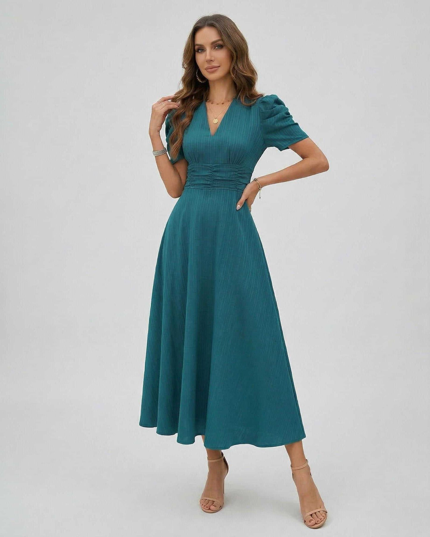 Zahara Midi Dress in teal with puff sleeves, V-neckline, cinched waist, by Lauven for elegant occasions.