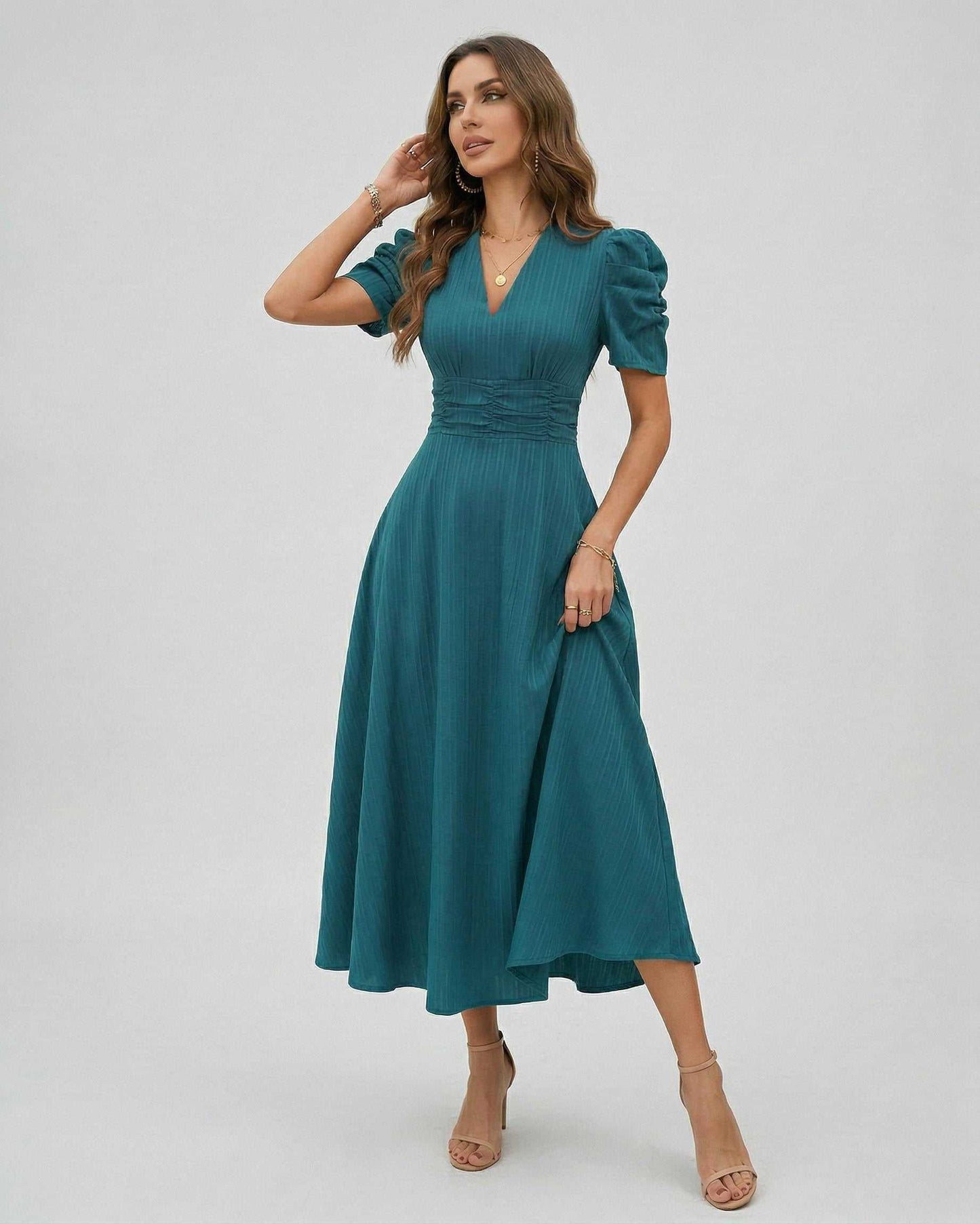 Zahara Midi Dress in teal with puff sleeves, flattering V-neckline and ruched waist by Lauven.