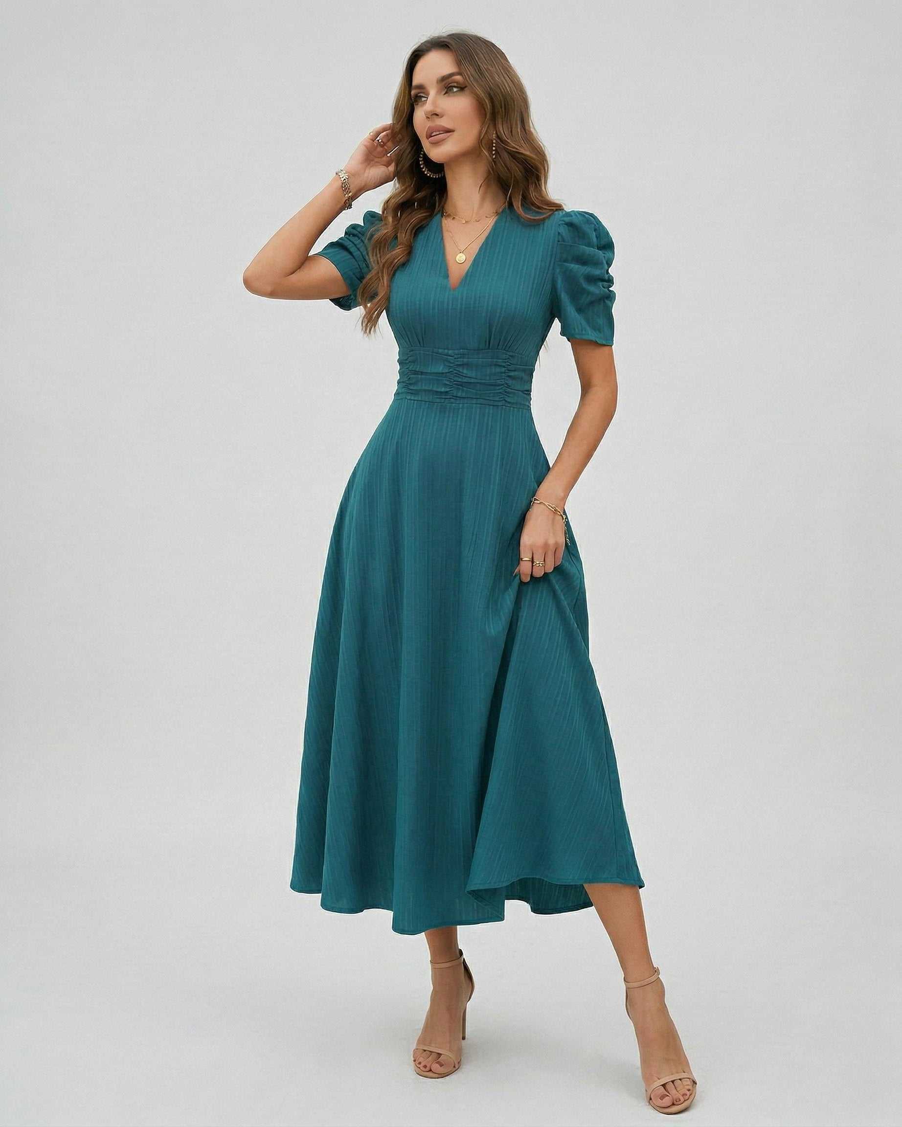 Zahara Midi Dress in teal with puff sleeves, flattering V-neckline and ruched waist by Lauven.