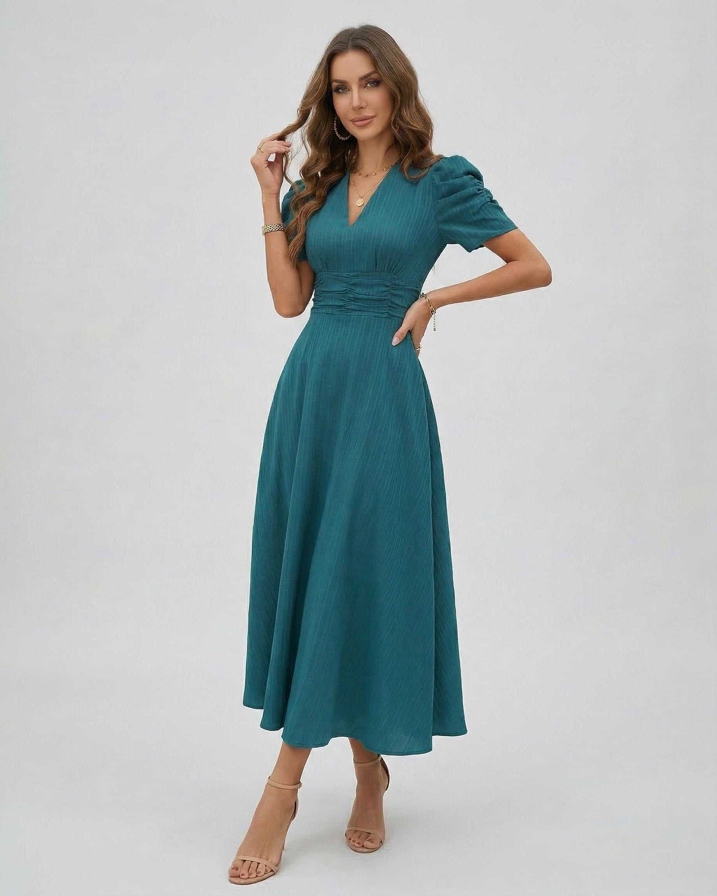 Zahara Midi Dress teal dress with sleeves and V-neckline by Lauven, perfect for weddings and cocktails.
