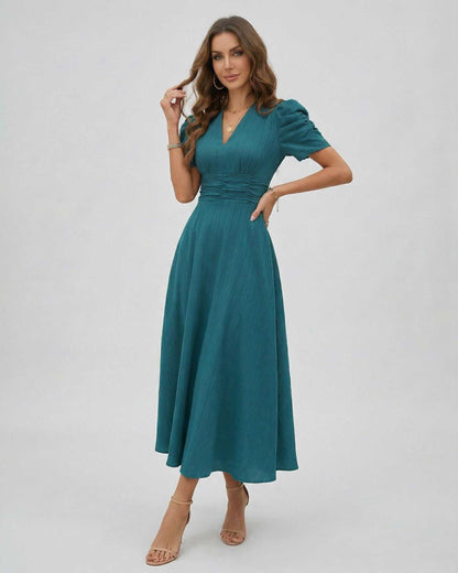 Zahara Midi Dress teal dress with sleeves and V-neckline by Lauven, perfect for weddings and cocktails.