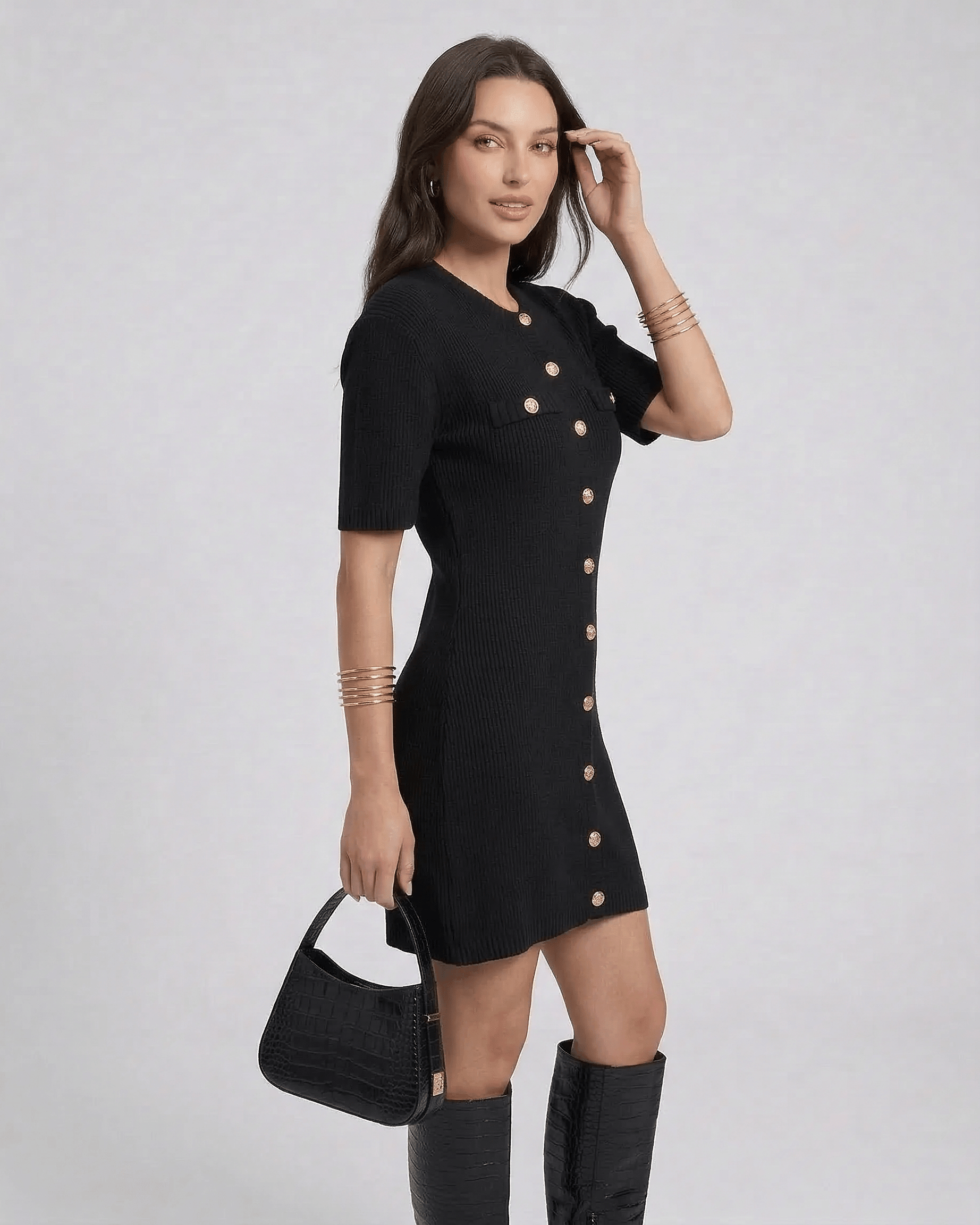 Zara Mini Dress by Lauven in black with a chic button closure and sleek straight silhouette, perfect for casual styling.