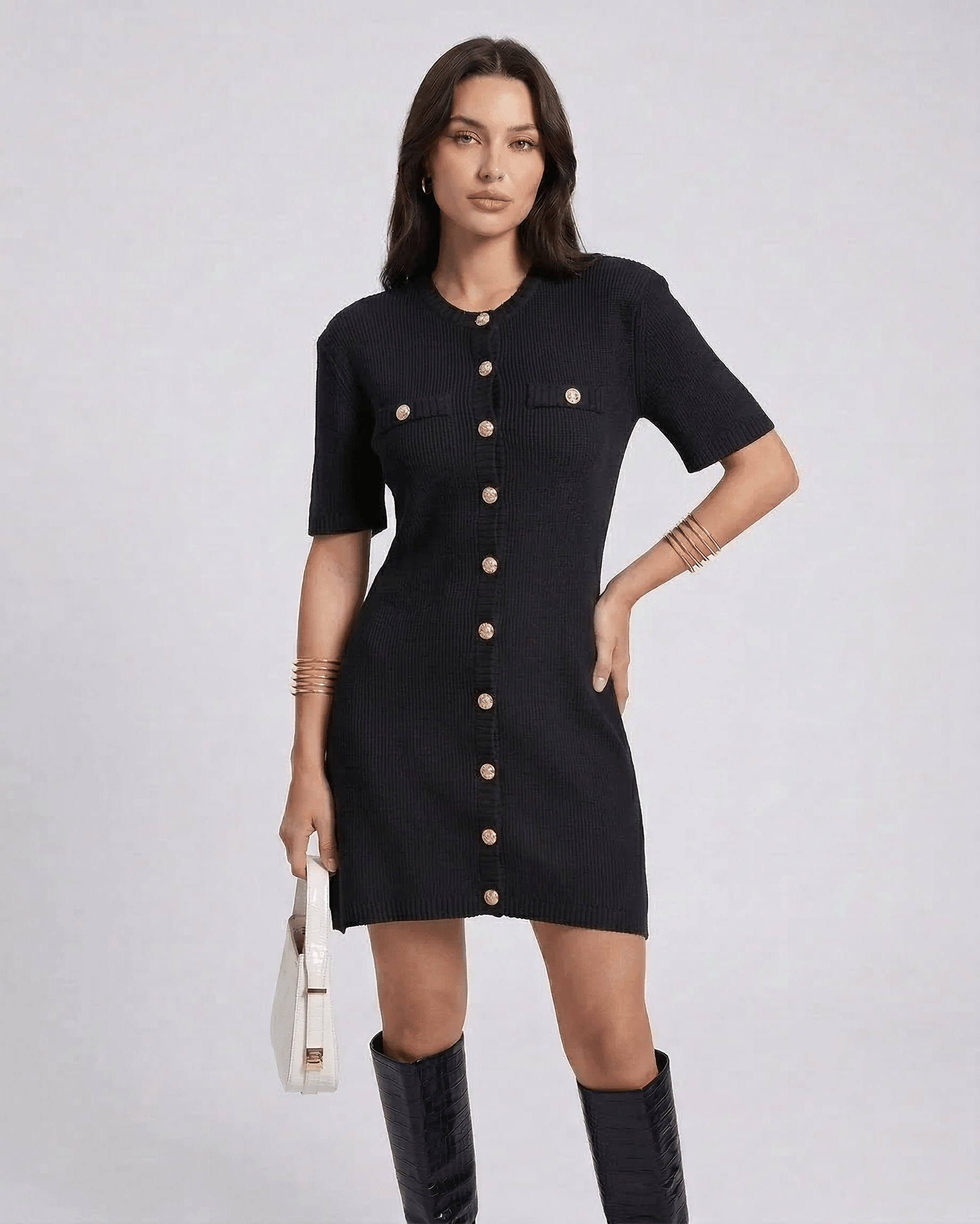 Zara Mini Dress by Lauven, featuring a classic knit design in black with half sleeves and single-breasted button closure.