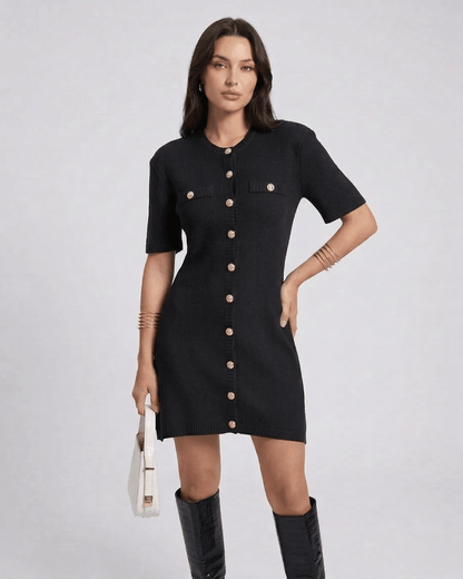 Zara Mini Dress by Lauven, featuring a classic knit design in black with half sleeves and single-breasted button closure.