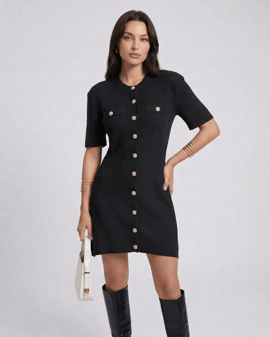 Zara Mini Dress by Lauven, featuring a classic knit design in black with half sleeves and single-breasted button closure.
