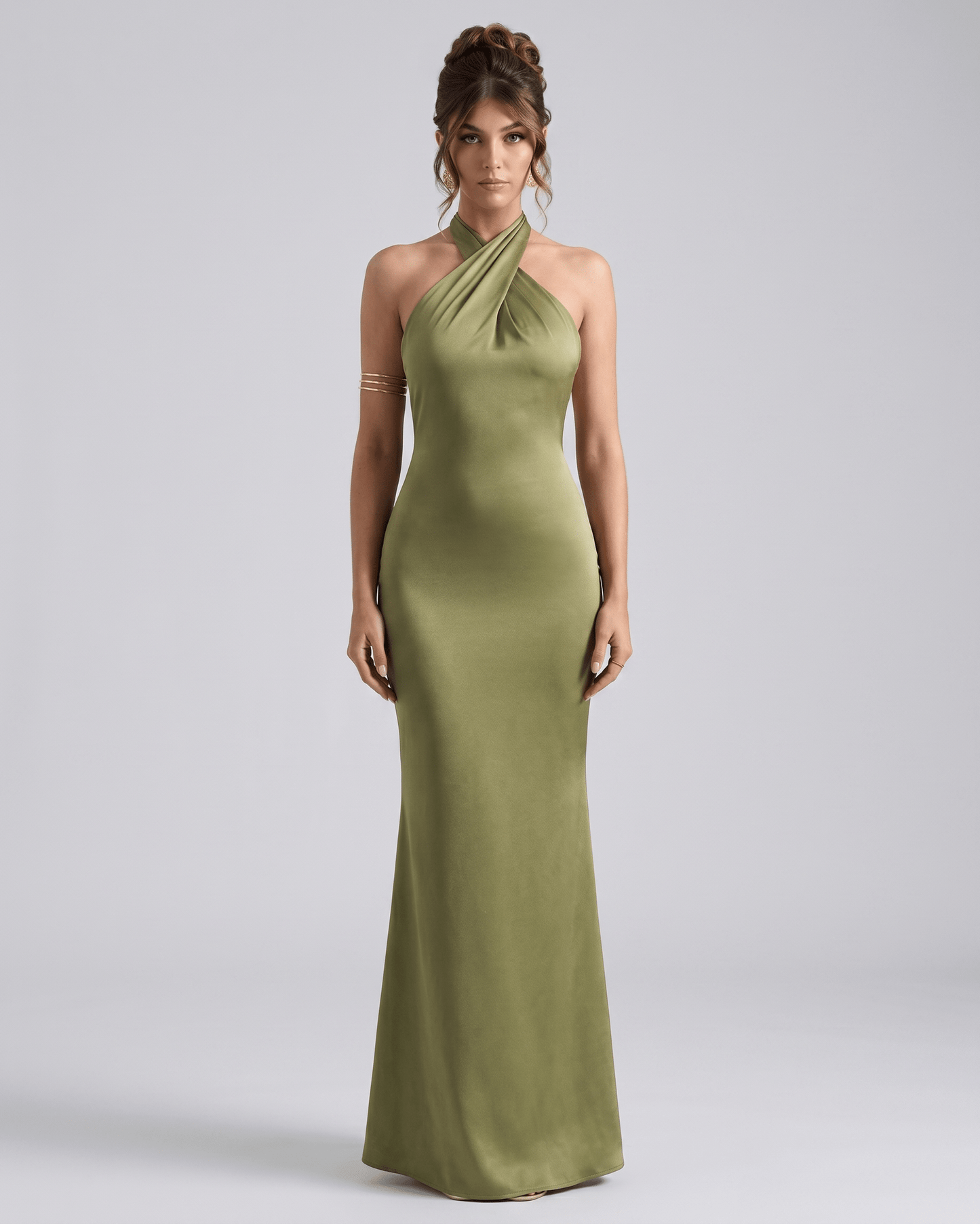 Zerelle Maxi Dress in olive green, halter neckline, smooth polyester, elegant silhouette by Lauven.