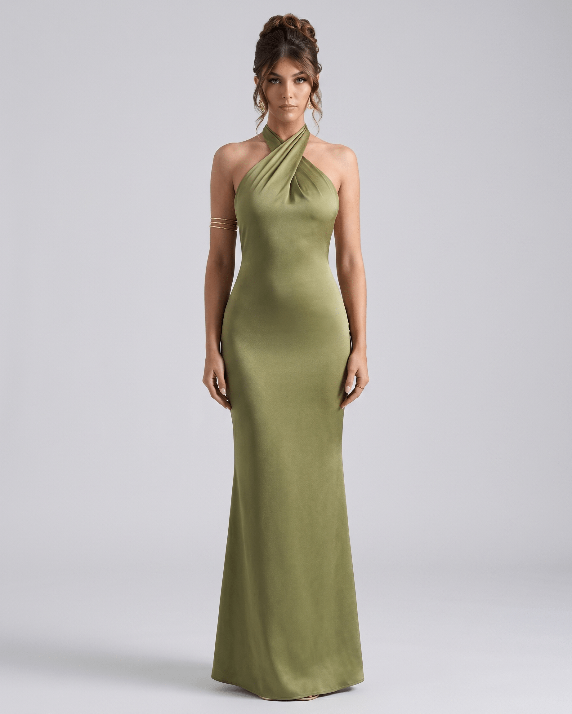 Zerelle Maxi Dress in olive green, halter neckline, smooth polyester, elegant silhouette by Lauven.