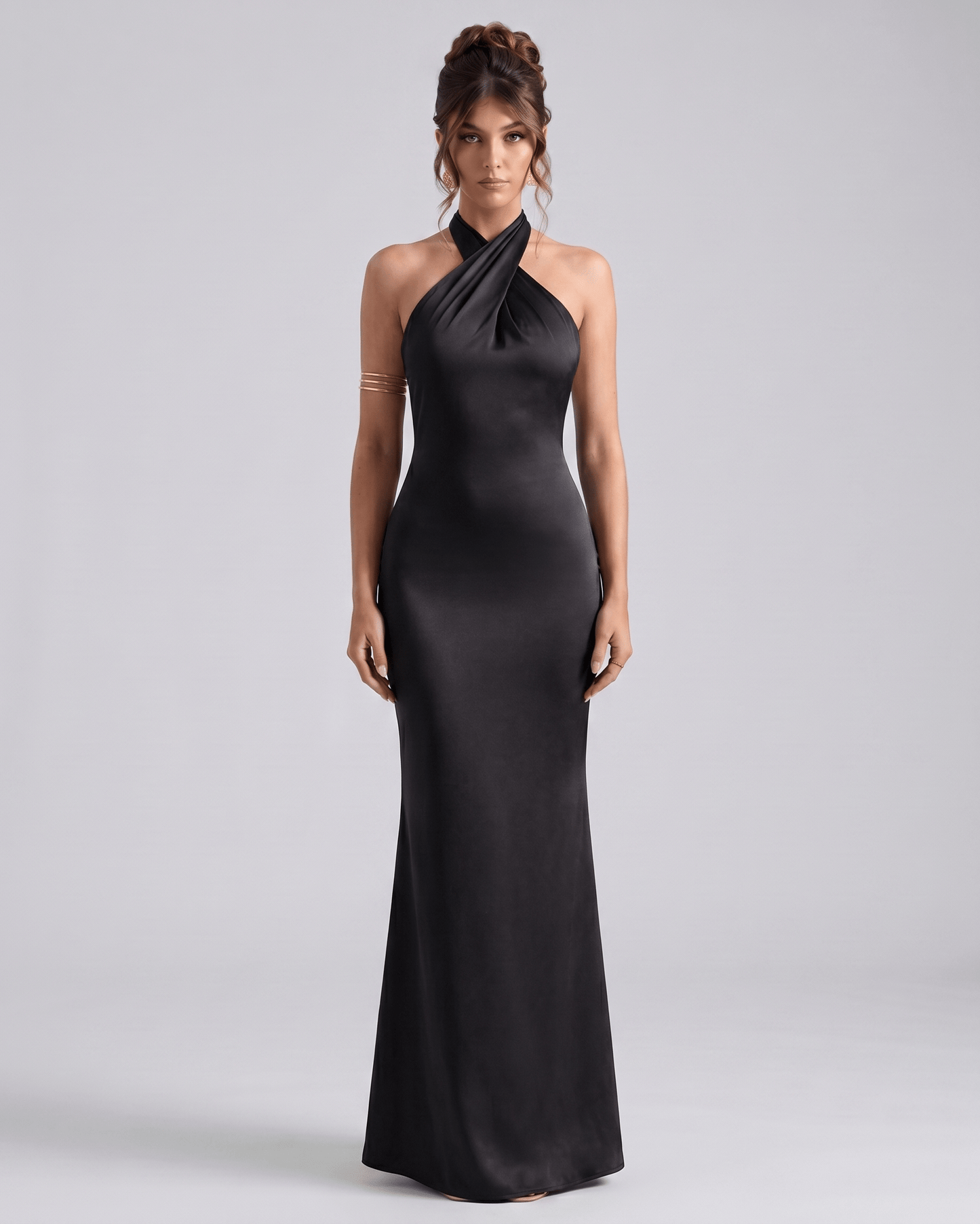 Zerelle Maxi Dress: Halter neckline, smooth polyester, elegant ruffles, perfect for formal occasions, by Lauven.