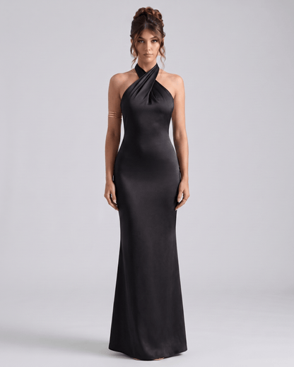 Zerelle Maxi Dress: Halter neckline, smooth polyester, elegant ruffles, perfect for formal occasions, by Lauven.