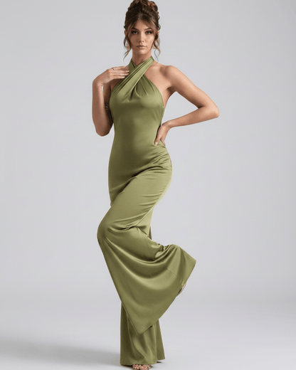 Zerelle Maxi Dress in olive green, featuring a halter neckline and smooth polyester finish by Lauven.