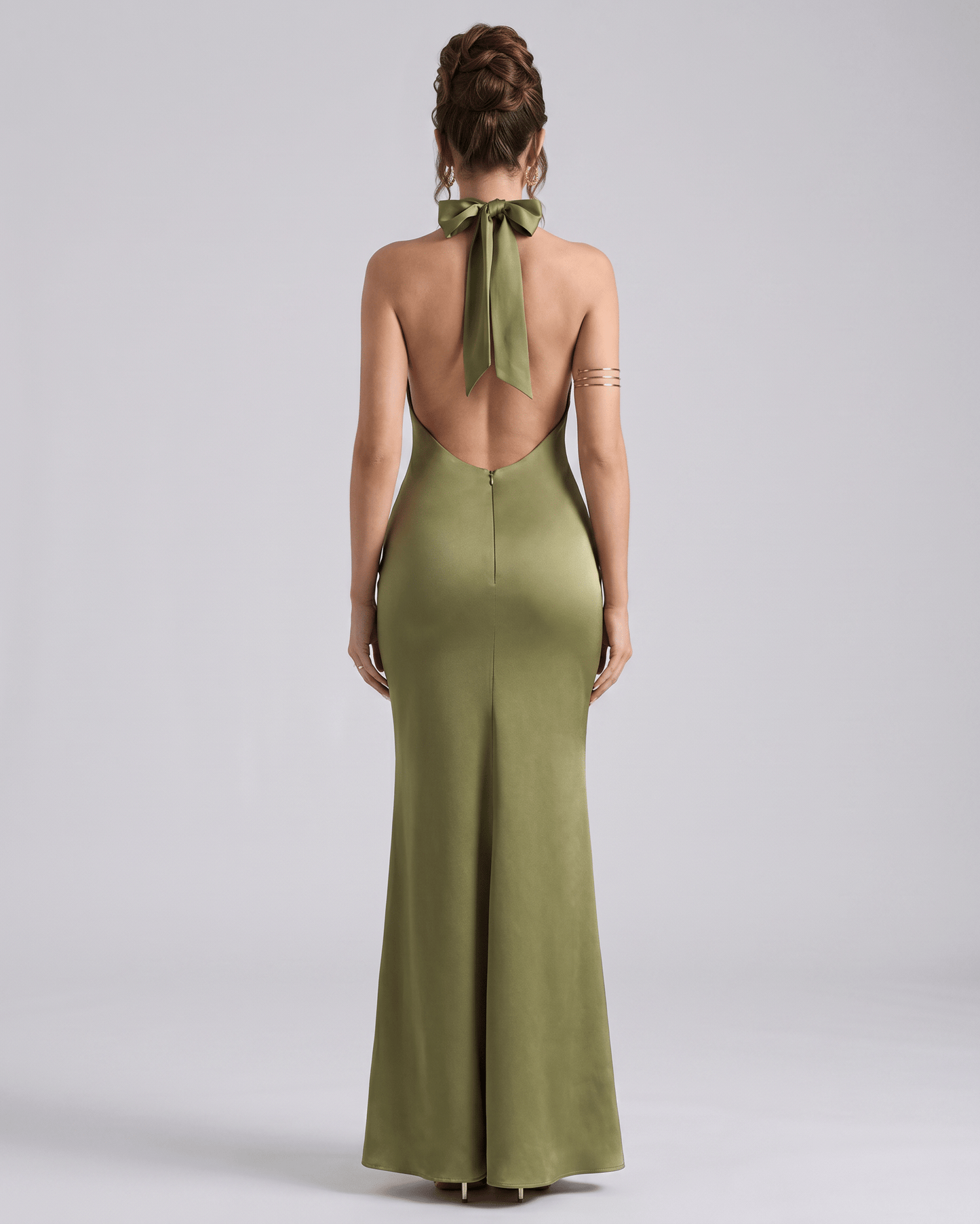 Zerelle Maxi Dress in olive green, halter neckline, smooth polyester, refined silhouette by Lauven.