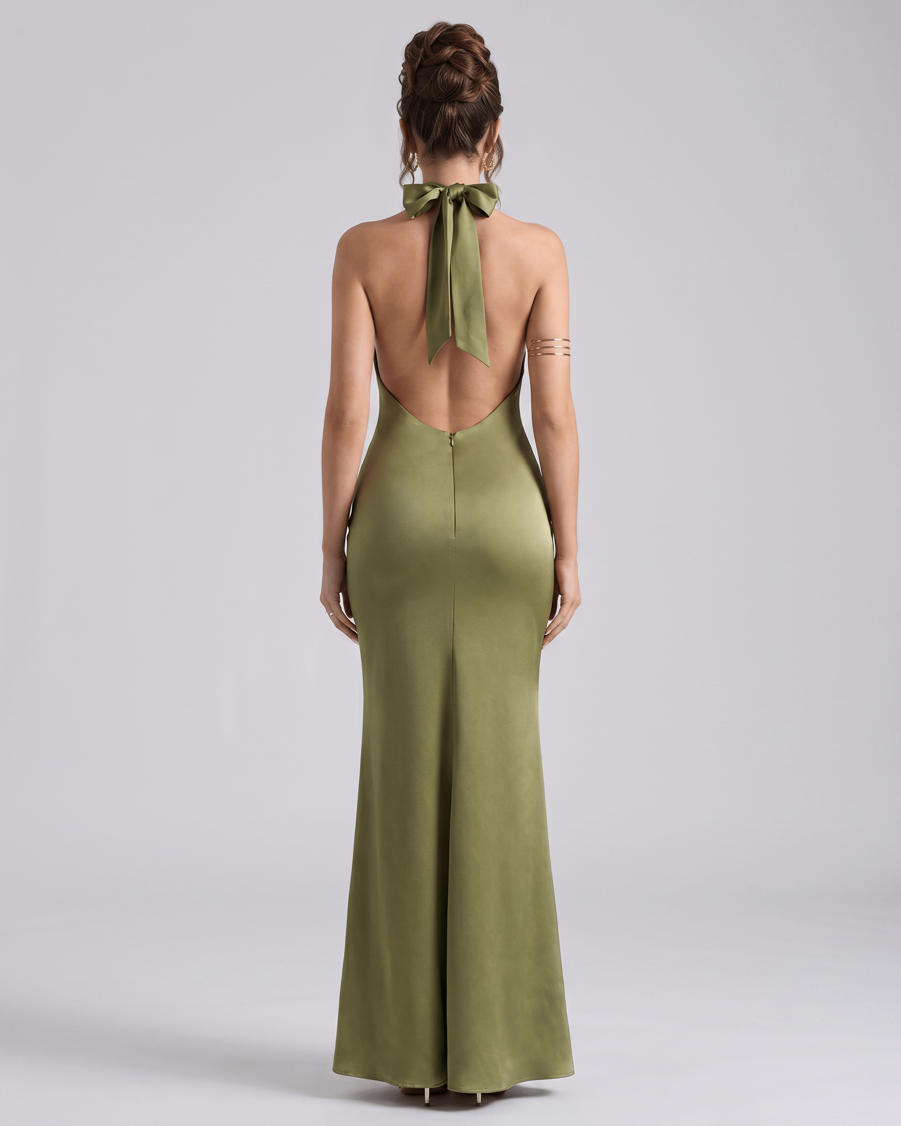Zerelle Maxi Dress in olive green, halter neckline, smooth polyester, refined silhouette by Lauven.