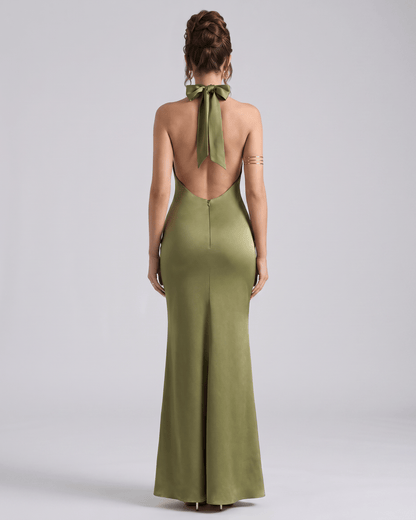 Zerelle Maxi Dress in olive green, halter neckline, smooth polyester, refined silhouette by Lauven.
