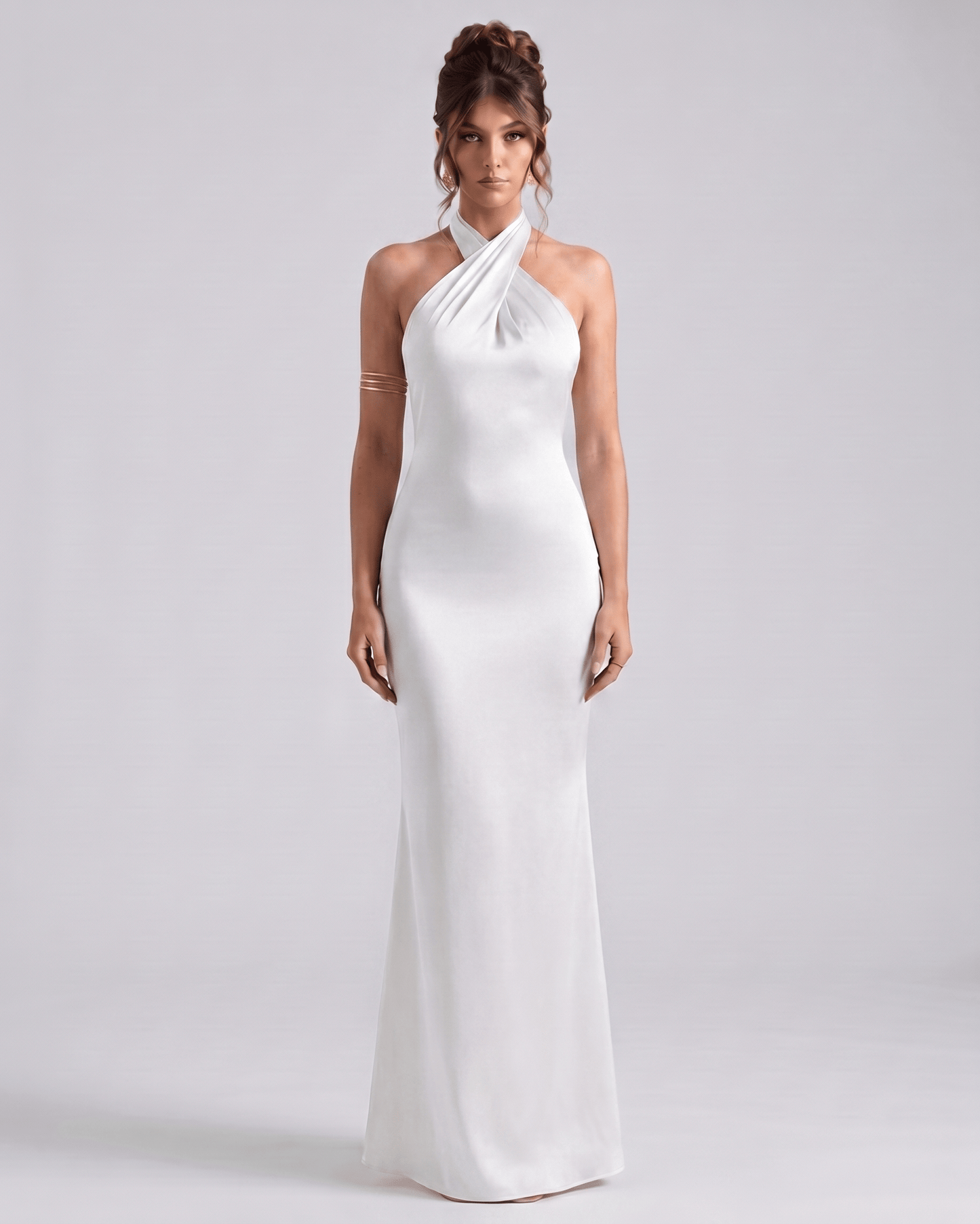 Zerelle Maxi Dress by Lauven, halter neckline, smooth polyester, elegant silhouette, ideal for formal occasions.