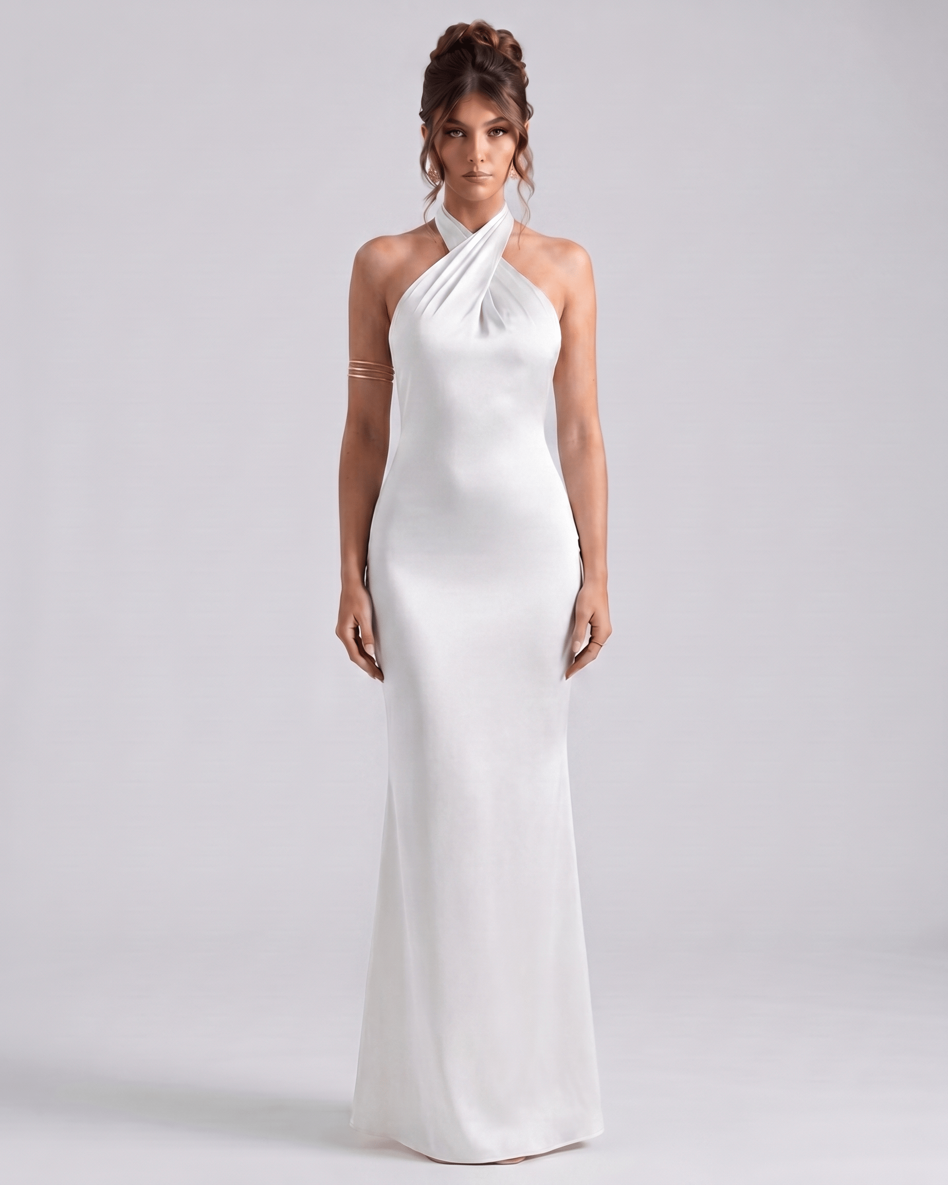 Zerelle Maxi Dress by Lauven, halter neckline, smooth polyester, elegant silhouette, ideal for formal occasions.