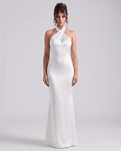 Zerelle Maxi Dress by Lauven, halter neckline, smooth polyester, elegant silhouette, ideal for formal occasions.