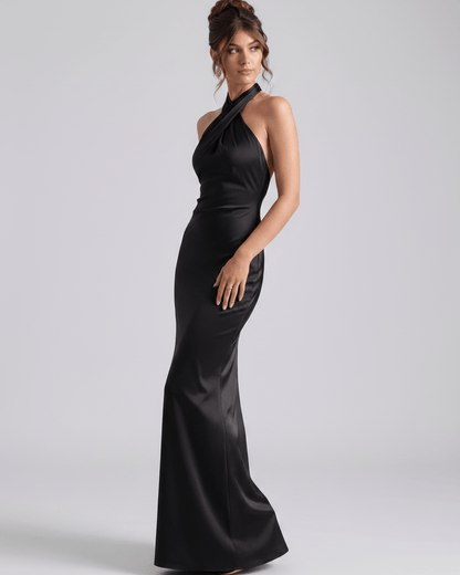 Zerelle Maxi Dress featuring a halter neckline, smooth polyester, and elegant ruffle detailing by Lauven.