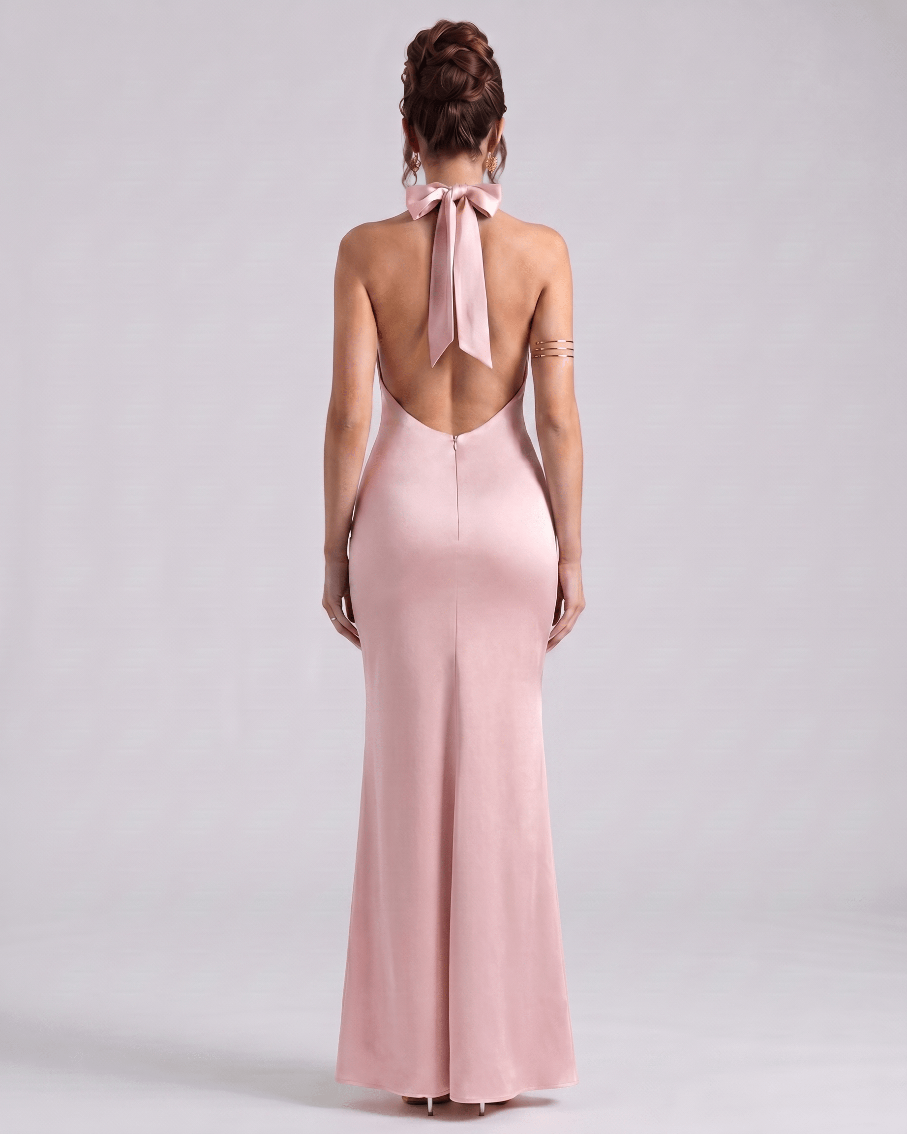 Zerelle Maxi Dress, halter neckline, fluid polyester, sleek back design, Lauven brand, elegant look.