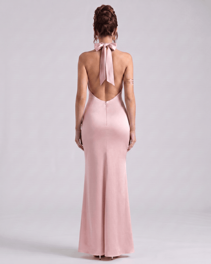 Zerelle Maxi Dress, halter neckline, fluid polyester, sleek back design, Lauven brand, elegant look.