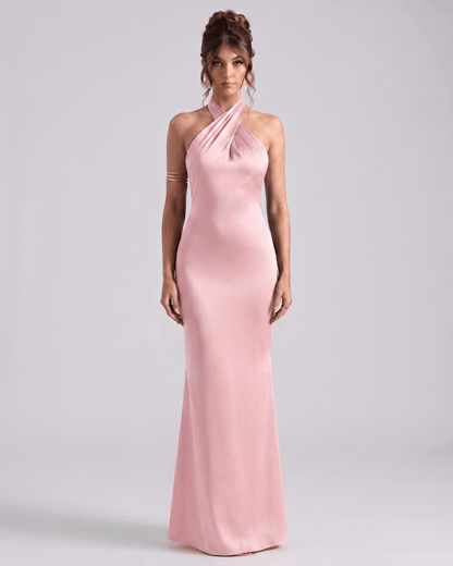 Zerelle Maxi Dress in soft pink with halter neckline and ruffle details by Lauven, perfect for formal occasions.